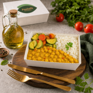 STROGONOFF DE GRÃO DE BICO C/ LEGUMES E ARROZ (350g)