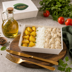STROGONOFF DE CARNE C/ ARROZ E BATATA SAUTÉ (350g)