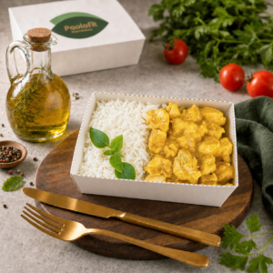 STROGONOFF DE FRANGO C/ ARROZ E BATATA SAUTÉ (350g)