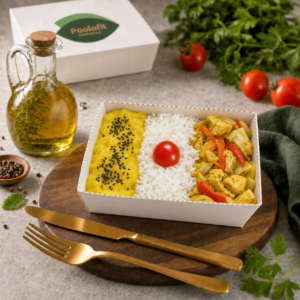 MOQUECA DE TILÁPIA C/ ARROZ E PURÊ DE BATATA INGLESA (350g)